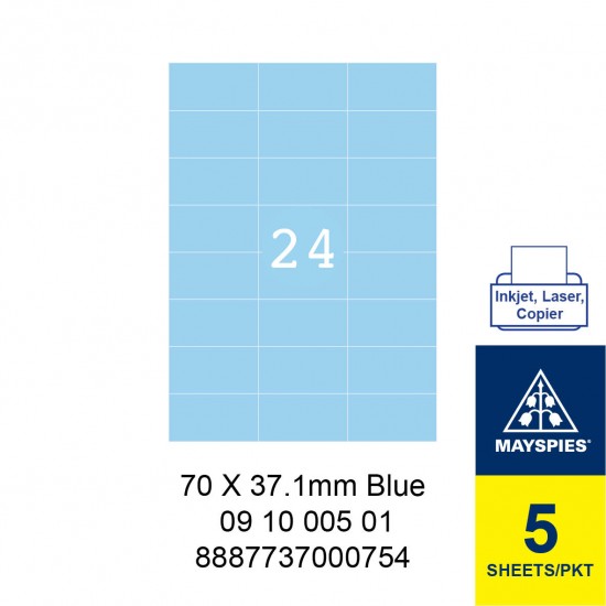 MAYSPIES 09 10 005 01 LABEL FOR INKJET / LASER / COPIER 5 SHEETS/PKT BLUE 70 X 37.1MM